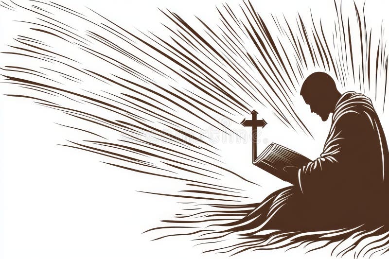 Logo design features an image of a person kneeling and praying in front of a cross stock photography