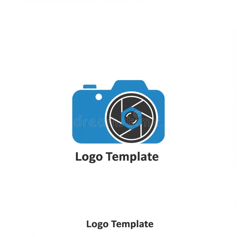 A logo design featuring a blue camera icon with a stylized shutter lens in black and royalty free illustration
