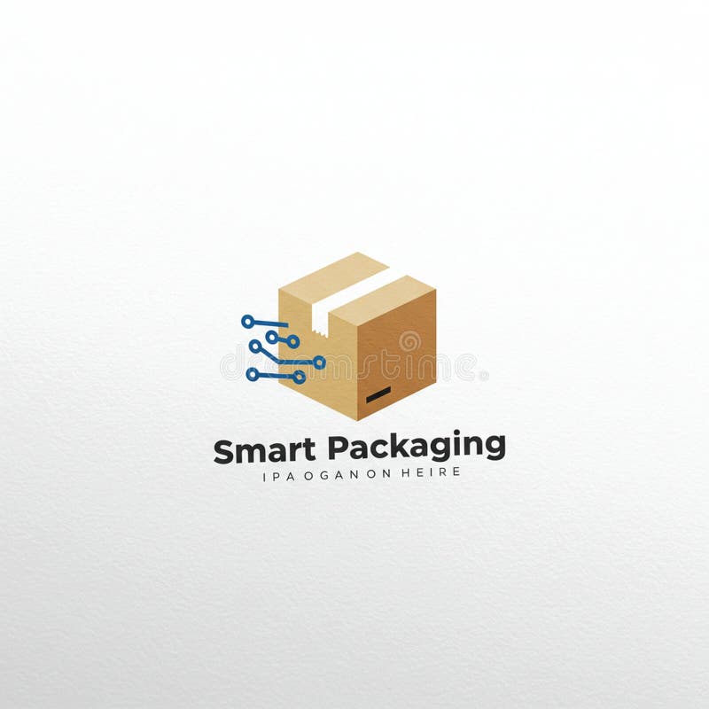 A logo design featuring a stylized cardboard box with a bold white tape stripe. Emerging from the left side are blue digital circuit lines, symbolizing technology. Below the box, the text "Smart Packaging" is written in bold, modern font, with a secondary line below in smaller text. The design conveys themes of innovation and connectivity in packaging, set on a plain white background. Packaging tape logo illustrations