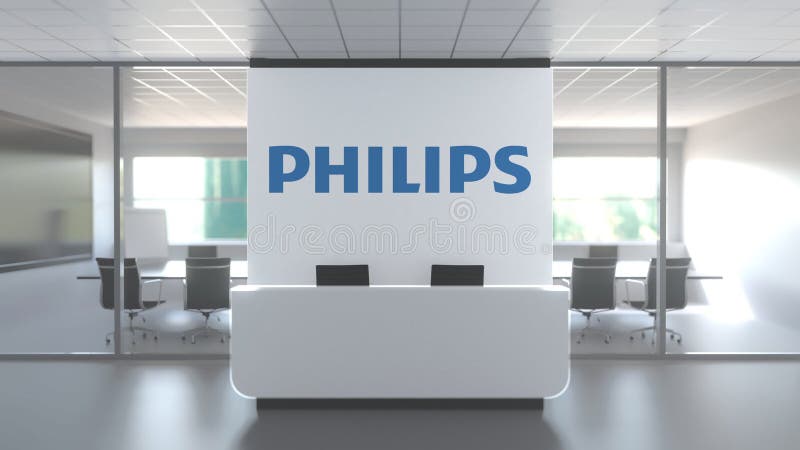 Logo di KONINKLIJKE PHILIPS N V su un muro nell'ufficio moderno, rendering 3D concettuale editoriale royalty illustrazione gratis