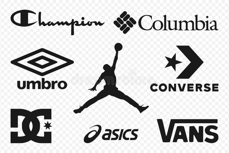 Logo dla najlepszych marek odzieżowych Zestaw najpopularniejszych logo - Jordan, Columbia, Champion, Converse, Umbro, Vans, Asics