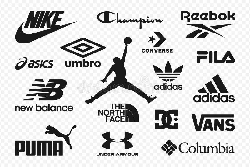 Logo dla najlepszych marek odzieżowych Zestaw najpopularniejszych logo - NIKE, Adidas, Reebok, Puma, New Balance, Under Armor, Th