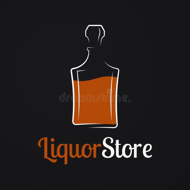 Liquor store logo. Whiskey bottle or decanter of cognac, bourbon, brandy, rum on black background 8 eps. Liquor store logo. Whiskey bottle or decanter of cognac, bourbon, brandy, rum on black background 8 eps