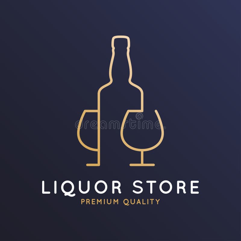 Liquor store logo with bottle of whiskey, rum or brandy and glass on dark blue background 10 eps. Liquor store logo with bottle of whiskey, rum or brandy and glass on dark blue background 10 eps