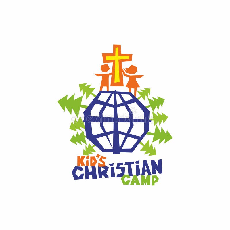 Logo dzieciaka ` s chrześcijanina obóz Krzyż Jezus, dzieci i kula ziemska, - cały świat ilustracja wektor Logo dzieciaka ` s chrześcijanina obóz Krzyż Jezus, dzieci i kula ziemska, - cały świat ilustracja wektor