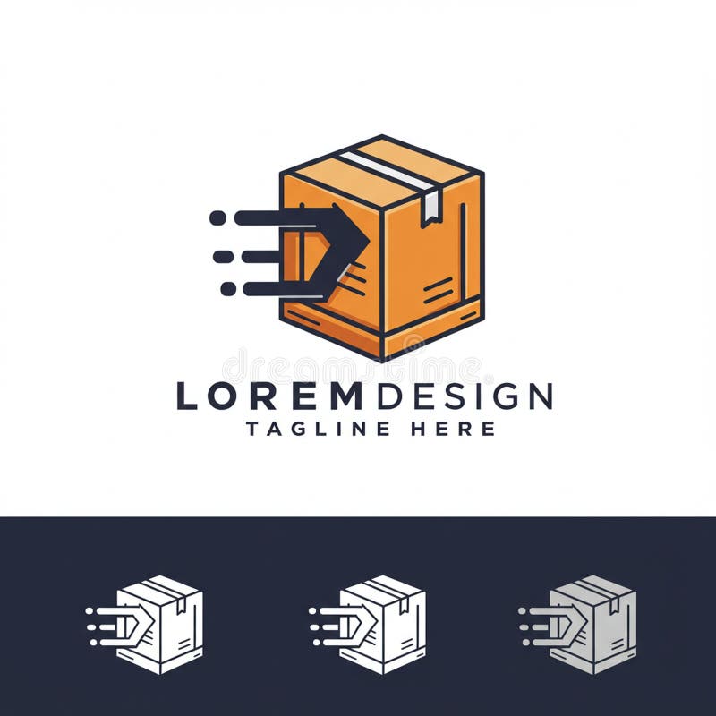 A logo features a stylized, orange cardboard box with motion lines and an arrow indicating speed or delivery. Below the graphic, there is text reading "LOREMDESIGN" and "TAGLINE HERE" in capital letters. The design is duplicated in monochrome versions at the bottom, each placed on a dark background, highlighting the delivery and logistics theme. The box has tape on it, outlined in bold lines, suggesting a focus on packaging or shipping services. Packaging tape logo illustrations