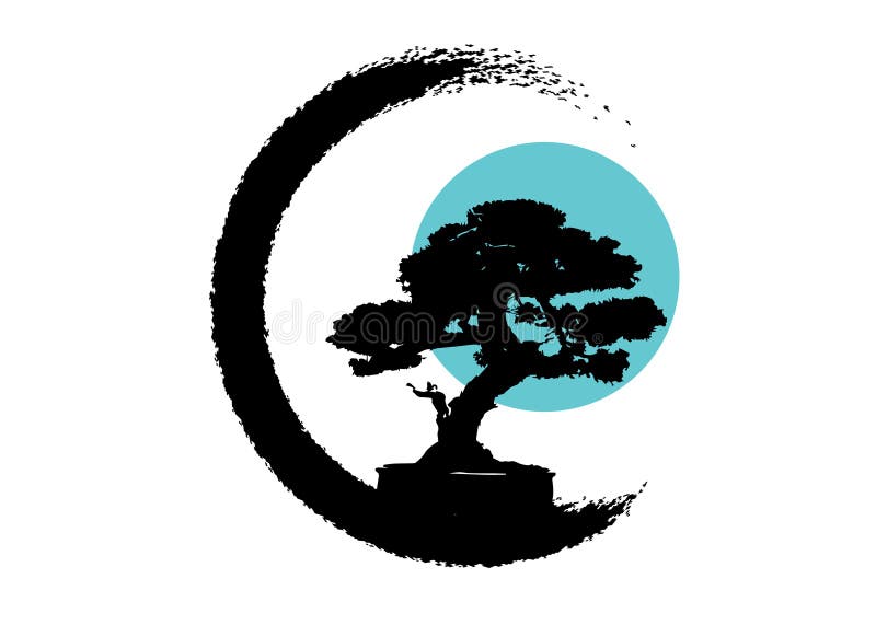 Logo giapponese del bonsai, silhouette delle piante nere su fondo bianco, silhouette verde sull'ecologia di bonsai e luna blu