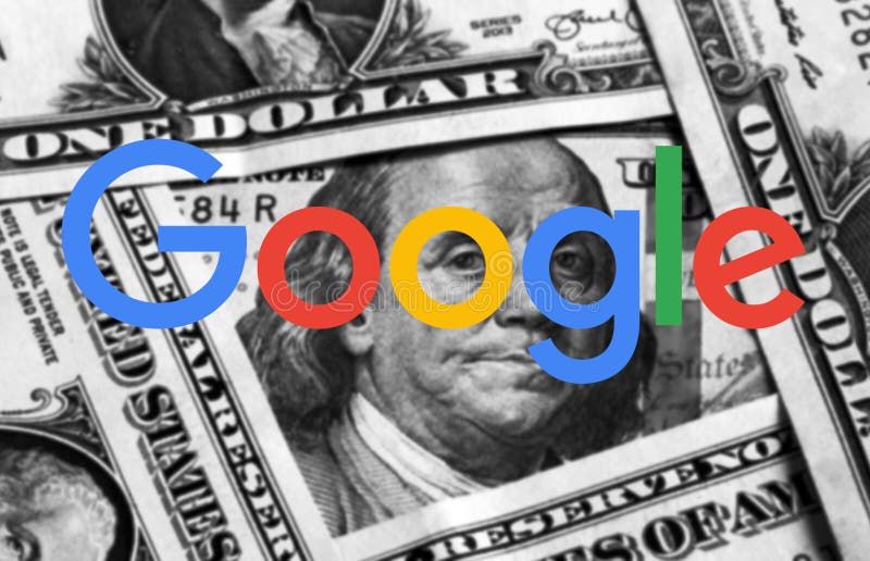 Logo of google company on dollar bills money background. Logo of google company on dollar bills money background