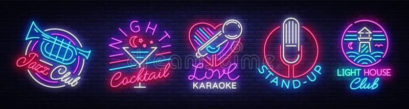 Logo kolekcja w neonowym stylu Neonowych znaków Inkasowy Jazzowy klub, noc koktajl, karaoke, Stoi Up, latarni morskiej nocy klub ilustracja wektor Logo kolekcja w neonowym stylu Neonowych znaków Inkasowy Jazzowy klub, noc koktajl, karaoke, Stoi Up, latarni morskiej nocy klub ilustracja wektor