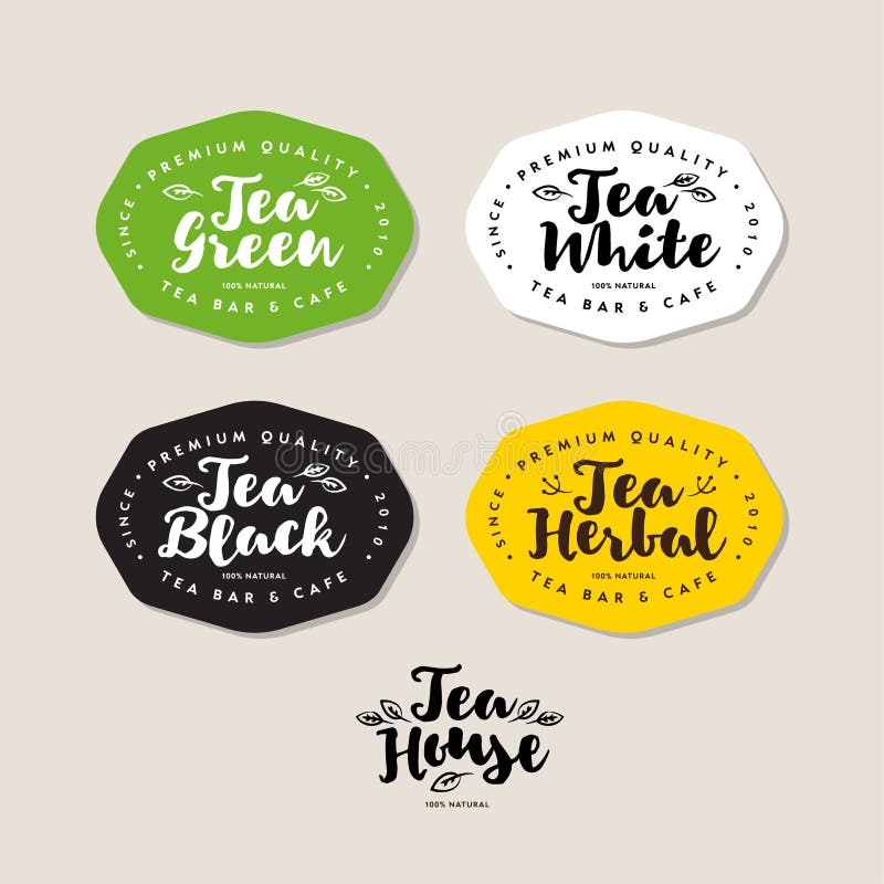Logo and Label Tea. 4 Labels or Stickers for Different Tea. Stock