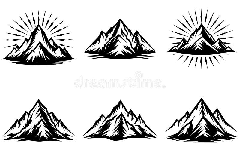 Logo moderni monocromatici con elementi di montagna su bianco royalty illustrazione gratis