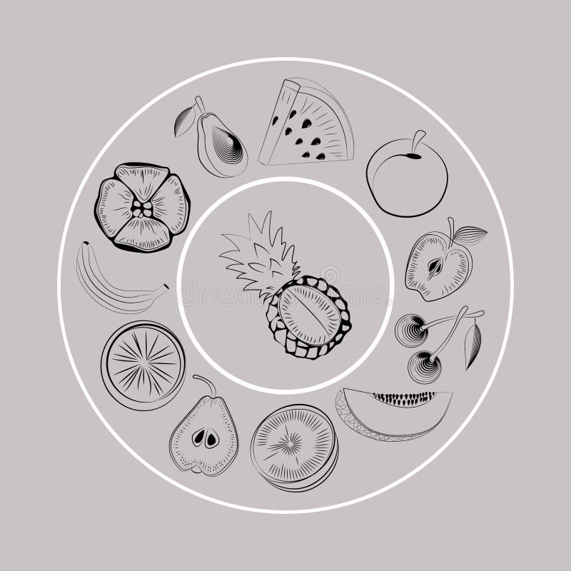 Logo monocromatico sotto forma di piastra a frutto. illustrazione vettoriale su uno sfondo grigio royalty illustrazione gratis