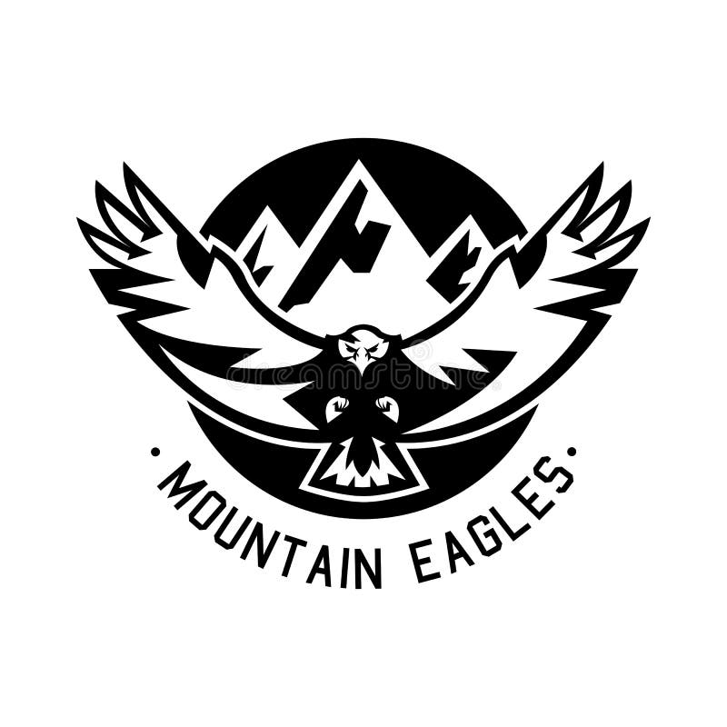 Logo monocromatico, volo dell'aquila nelle montagne Illustrazione di vettore illustrazione di stock