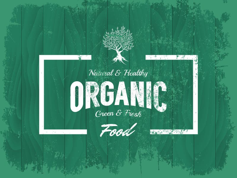 Logo organico, naturale e sano d'annata di vettore dell'alimento isolato sul fondo di legno del bordo