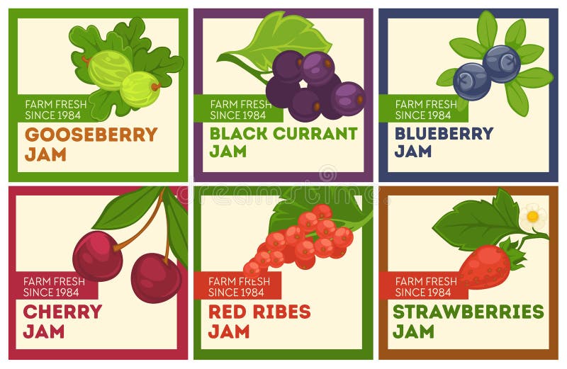 Gooseberry and black currant, blueberry and cherry, red ribes and strawberries jam logos. Organic and natural sweetness. Product label or logotype, sticker or emblem for package. Vector in flat style. Gooseberry and black currant, blueberry and cherry, red ribes and strawberries jam logos. Organic and natural sweetness. Product label or logotype, sticker or emblem for package. Vector in flat style