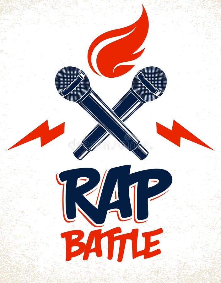 Logo Rap Battle wector lub emblem z dwoma mikrofonami skrzyżowanymi i ogniem, mikrofon Hip Hop hot rhymes w pÅ‚omieniach, festiwa royalty ilustracja