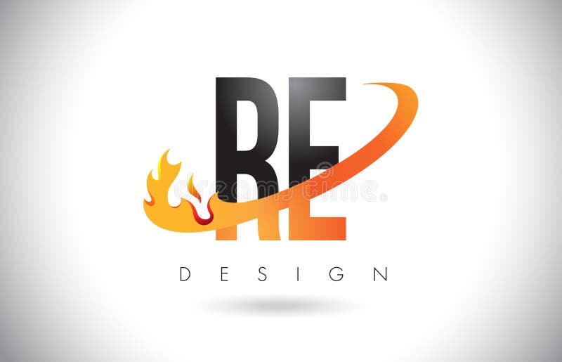 Logo RE de lettre de R E avec la conception de flammes du feu et le bruissement orange