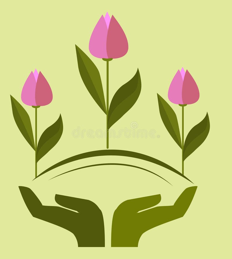 Logo, ręki trzyma tulipany, pomocna dłoń, wiosna kwitnie ilustracji Logo, ręki trzyma tulipany, pomocna dłoń, wiosna kwitnie ilustracji