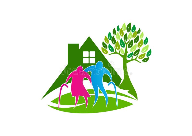 Logo senior di cura, icona di simbolo della gente più anziana, progettazione di massima sana della casa di cura