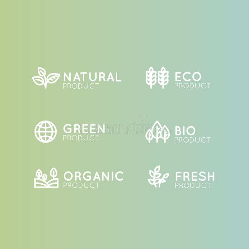 Isolated Vector Style Illustration Logo Set Badge Fresh Organic, Eco Product, Bio Ingredient Label Badge with Leaf, Earth, Green Concept Gradient Colour