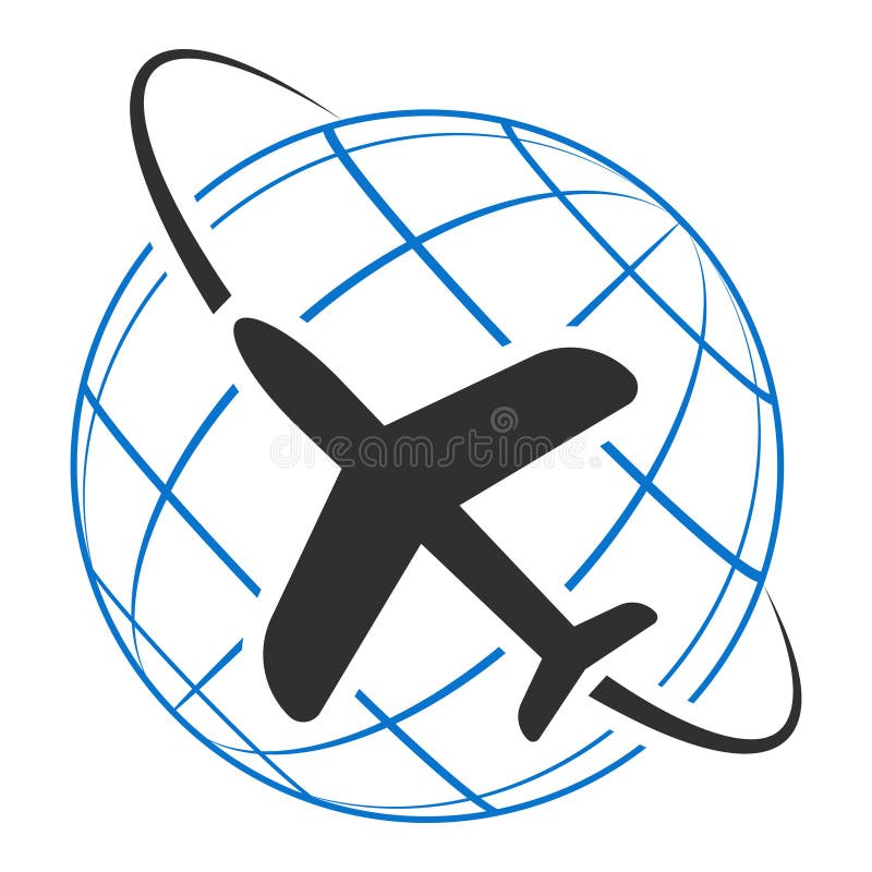Logo-Symbol-Flugzeuge, die um die Erde fliegen, Vektor-Symbol-Tourismus und Reisen, Konzept des Weltreisens, Tourismus und