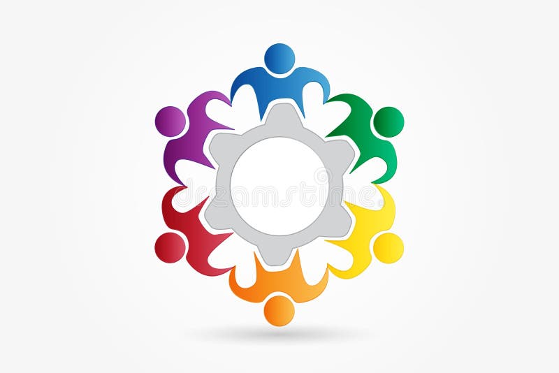 Logo teamwork business people around gear vector illustration