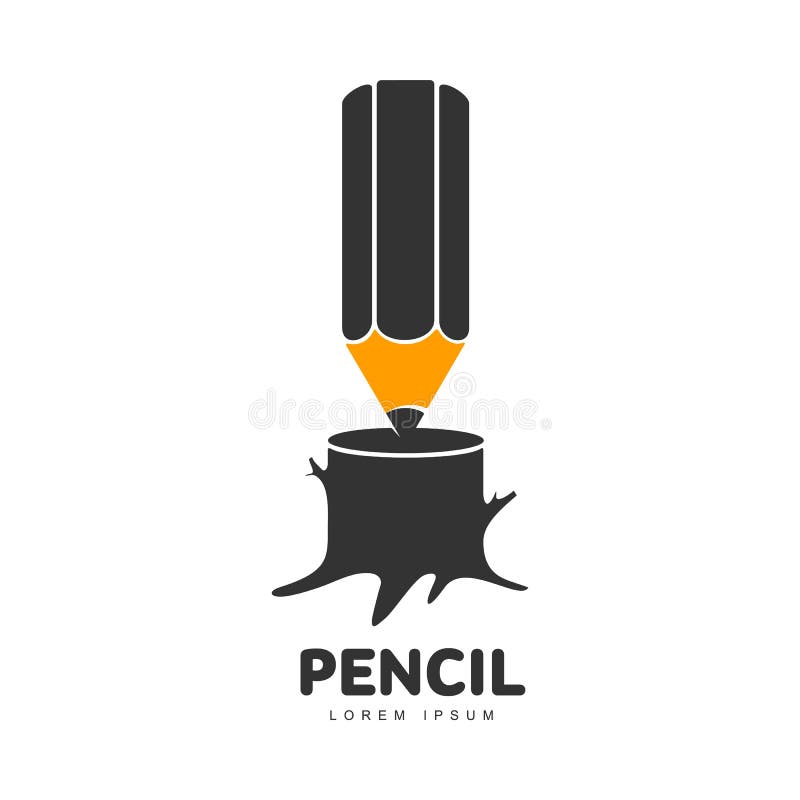 Logo Template with Pencil Standing Point Down on Tree Trunk Stock