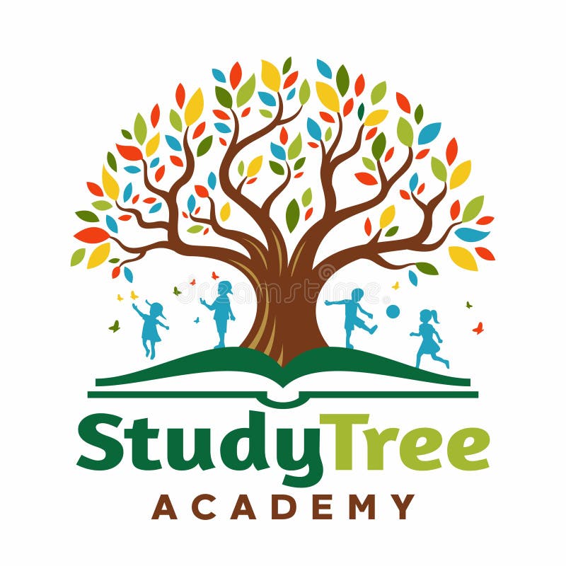 Logo Tree in the book with children playing vector illustration