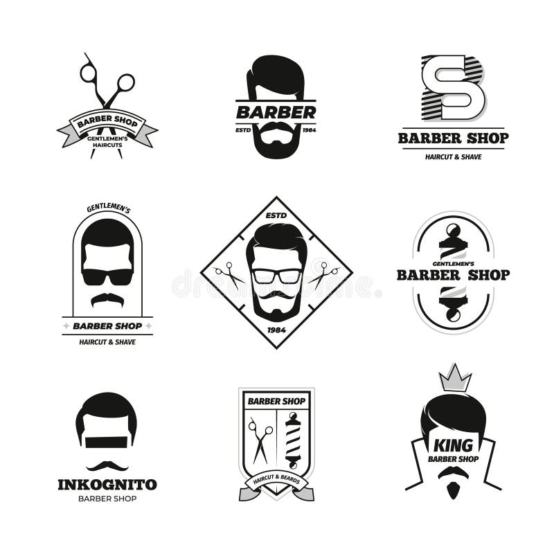 Logo van barbershop. eenvoudige snor - en baardenpictogrammen voor mannetjes die salonetiket boren , ontwerp hipster barber hairdr