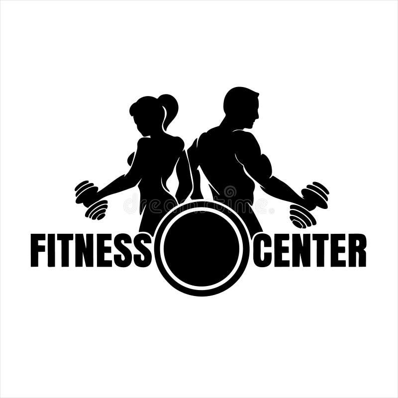 Logo van fitnessclub of embleem met vrouwelijke en mannelijke silhouettes.