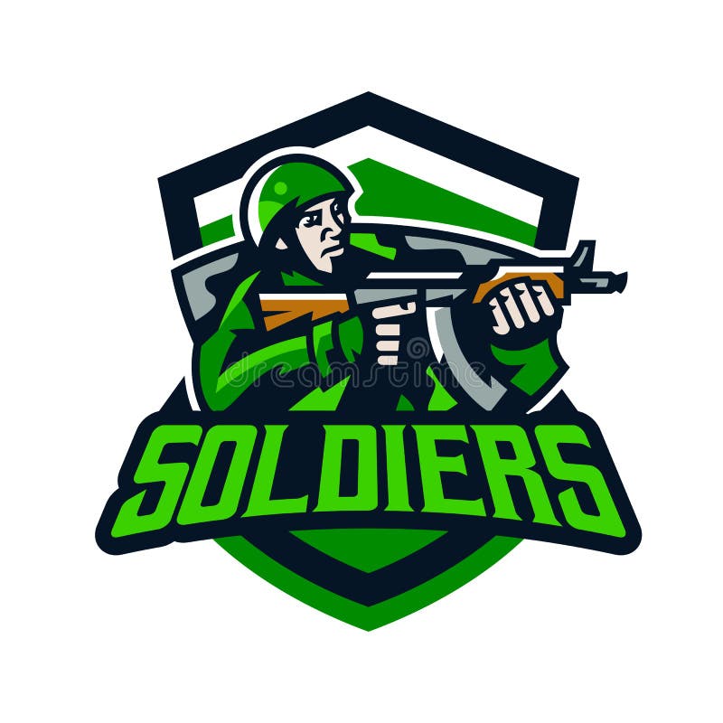 Logo variopinto, distintivo, emblema di una fucilazione del soldato da una mitragliatrice leggera Soldato in uniforme, casco, mit illustrazione vettoriale Logo variopinto, distintivo, emblema di una fucilazione del soldato da una mitragliatrice leggera Soldato in uniforme, casco, mit illustrazione vettoriale