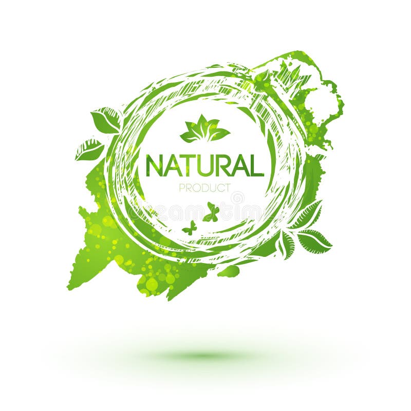 Green splash logo with leaves for natural products. Green emblem with blob. Farm food identity concept. Green splash logo with leaves for natural products. Green emblem with blob. Farm food identity concept.