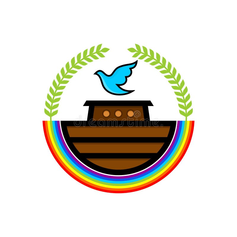Logo von Noahs Arche Regenbogen - ein Symbol des Vertrages Taube mit einer Niederlassung der Olive Schiff, zum von Tieren und von stock abbildung Logo von Noahs Arche Regenbogen - ein Symbol des Vertrages Taube mit einer Niederlassung der Olive Schiff, zum von Tieren und von stock abbildung