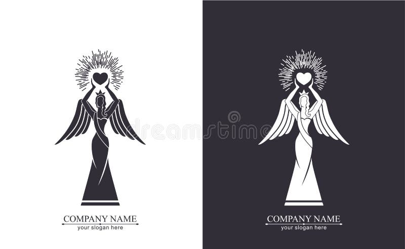 Logo of a woman with wings holding a heart in the hands with rays. Figurine for presentation, template of a beauty contest