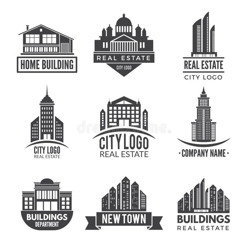 Logos d'immobiliers et labels de monochrome illustration stock Logos d'immobiliers et labels de monochrome illustration stock