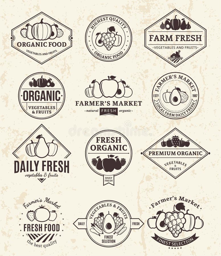 Logos de fruits et légumes, labels et éléments de conception illustration de vecteur Logos de fruits et légumes, labels et éléments de conception illustration de vecteur