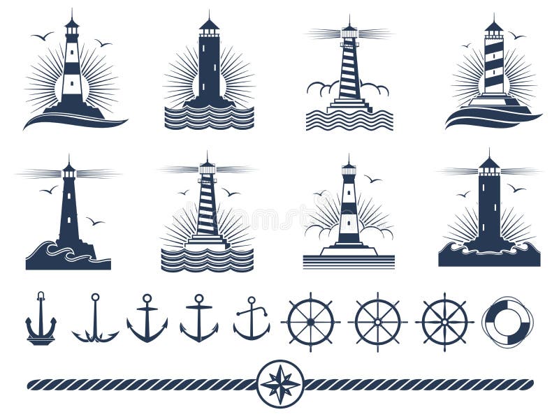 Nautical logos and elements set - anchors lighthouses rope. Vector illustration. Nautical logos and elements set - anchors lighthouses rope. Vector illustration