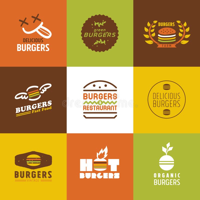 Logos et icônes de vecteur de restaurant d'aliments de préparation rapide réglés illustration stock Logos et icônes de vecteur de restaurant d'aliments de préparation rapide réglés illustration stock