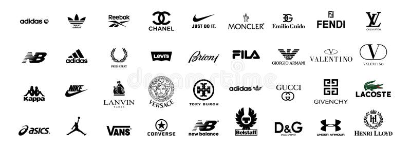 Logos für Bekleidungsmarken. Satz der beliebtesten logo adidas neue balance kappa asics reebok nike vans converse puma levis