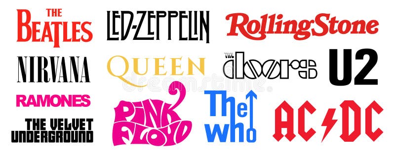 Logos of the most famous music band, The Rolling Stones, The Beatles, Queen, The Doors, Nirvana, The Who, U2, Led Zeppelin, Pink