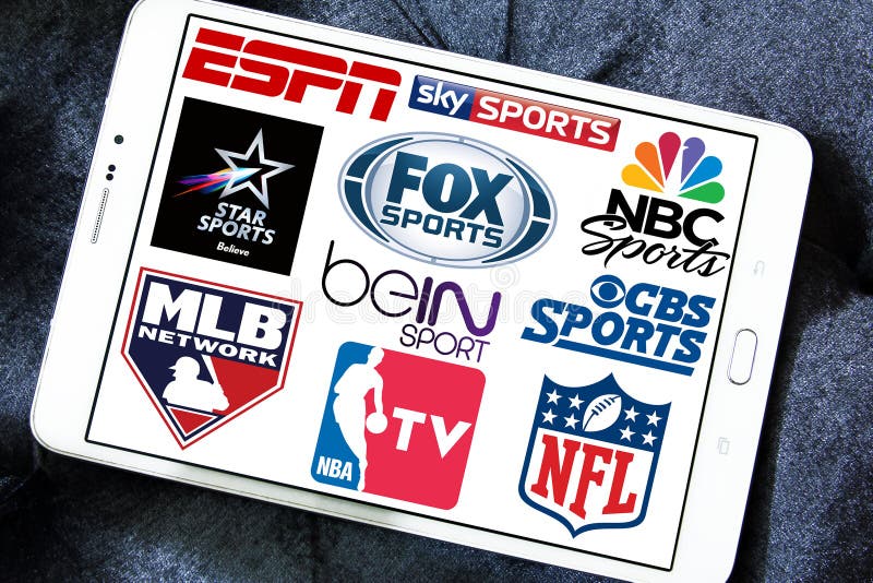 Collection of logos and vectors of most popular sports television networks in the world on white tablet.networks like espn, sky, star, fox, bein, nbc, cbs, mlb, nfl, nba. Collection of logos and vectors of most popular sports television networks in the world on white tablet.networks like espn, sky, star, fox, bein, nbc, cbs, mlb, nfl, nba