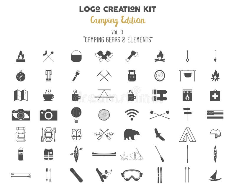 Logoschaffungs-Ausrüstungsbündel Kampierender Ausgabensatz Reisegang, Vektorlagersymbole und Elemente lizenzfreie abbildung