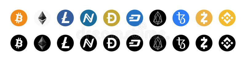 Logotipi e simboli della crittografia. set di icone del logo del token di crittografia. le criptocurrenane più diffuse : etero di illustrazione vettoriale
