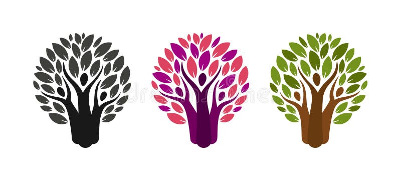 Logotipo abstracto del árbol y de la gente Ecología, ambiente, etiqueta de la naturaleza o icono Ilustración del vector