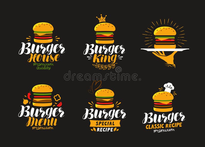 Logotipo americano de la comida Hamburguesa, cheeseburger, icono de la hamburguesa o etiqueta Ilustración del vector