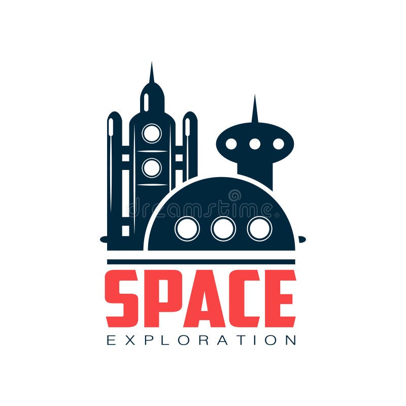 Logotipo con imagen abstracta de la estación cósmica Lanzamiento del transbordador espacial Emblema en color azul marino Diseño p stock de ilustración Logotipo con imagen abstracta de la estación cósmica Lanzamiento del transbordador espacial Emblema en color azul marino Diseño p stock de ilustración