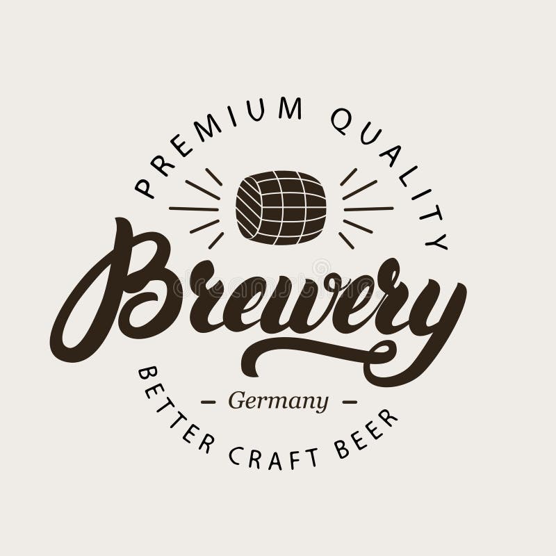 Logotipo, crachá, etiqueta ou emblema escrito mão da rotulação da caligrafia da cervejaria com o tambor de cerveja ilustração royalty free Logotipo, crachá, etiqueta ou emblema escrito mão da rotulação da caligrafia da cervejaria com o tambor de cerveja ilustração royalty free