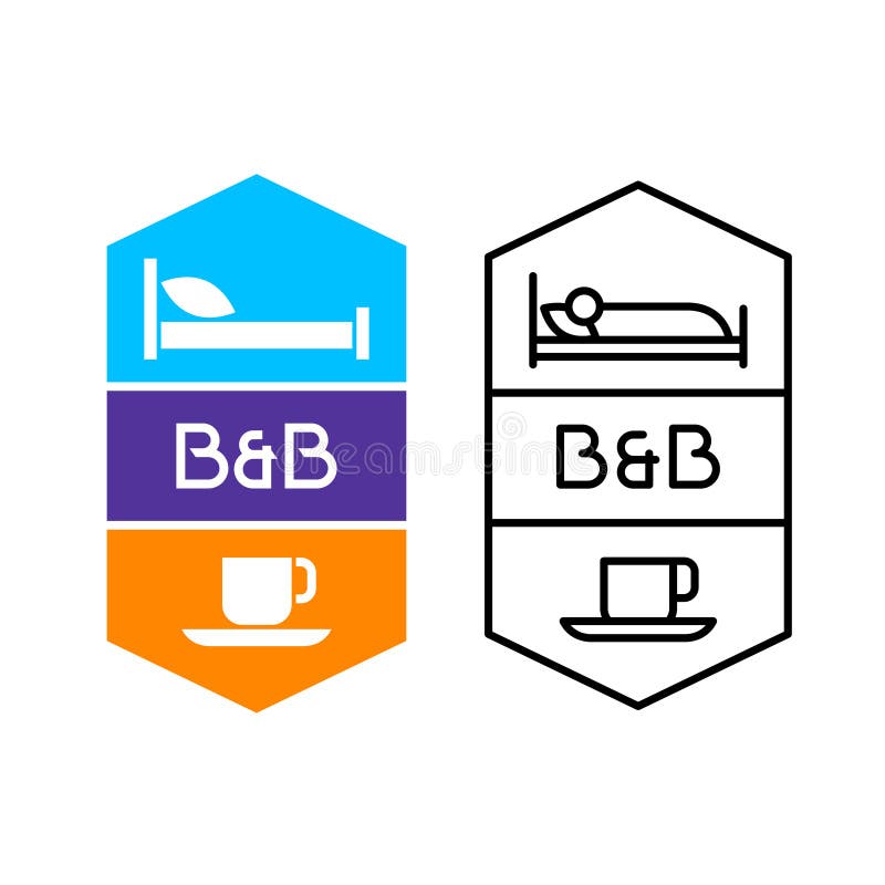 Logotipo da cama e do café da manhã para o serviço de hotel ou a casa do hospedeiro Cama com travesseiro e xícara de símbolos de