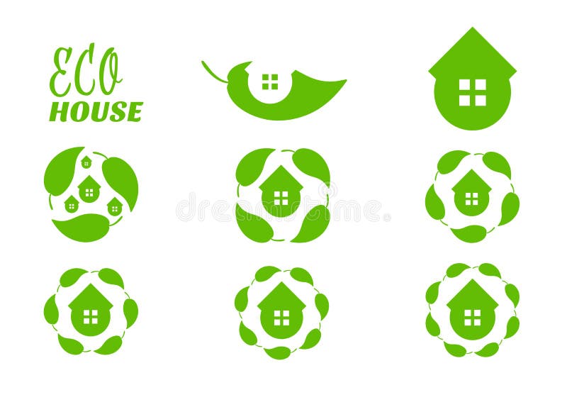 Logotipo da folha da casa de Eco Forma do círculo do grupo do ícone Conceito saud?vel do estilo de vida Símbolos para bens imobil ilustração stock Logotipo da folha da casa de Eco Forma do círculo do grupo do ícone Conceito saud?vel do estilo de vida Símbolos para bens imobil ilustração stock