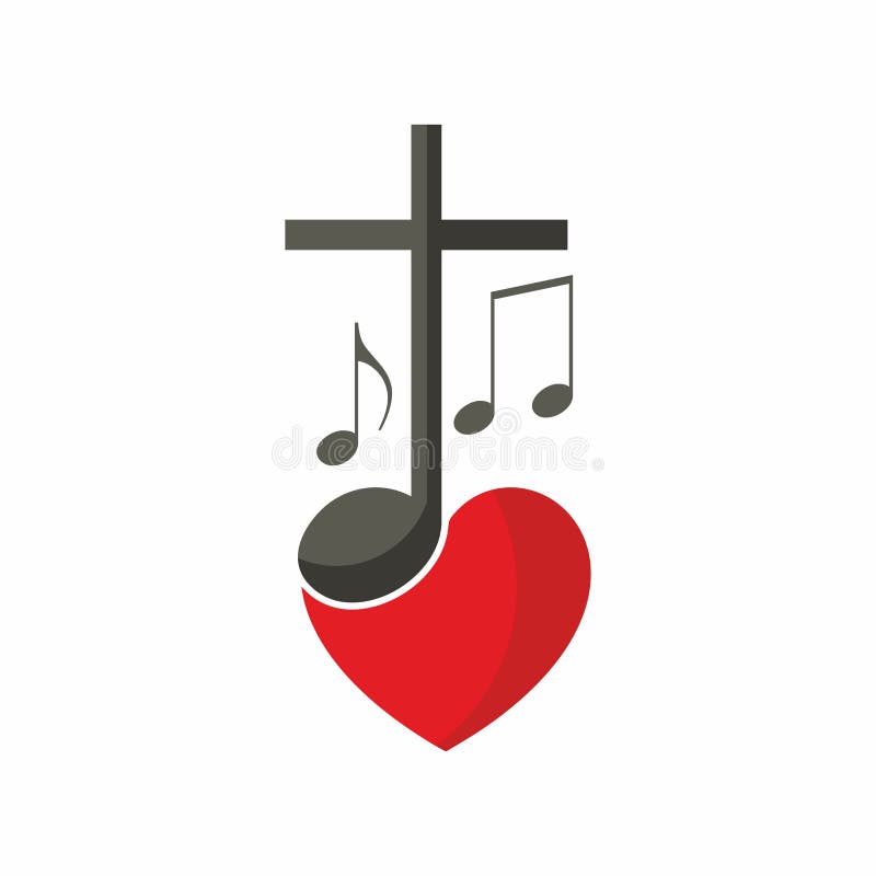 Logotipo da igreja cristã Cruz de Jesus, das notas musicais e do coração ilustração royalty free Logotipo da igreja cristã Cruz de Jesus, das notas musicais e do coração ilustração royalty free
